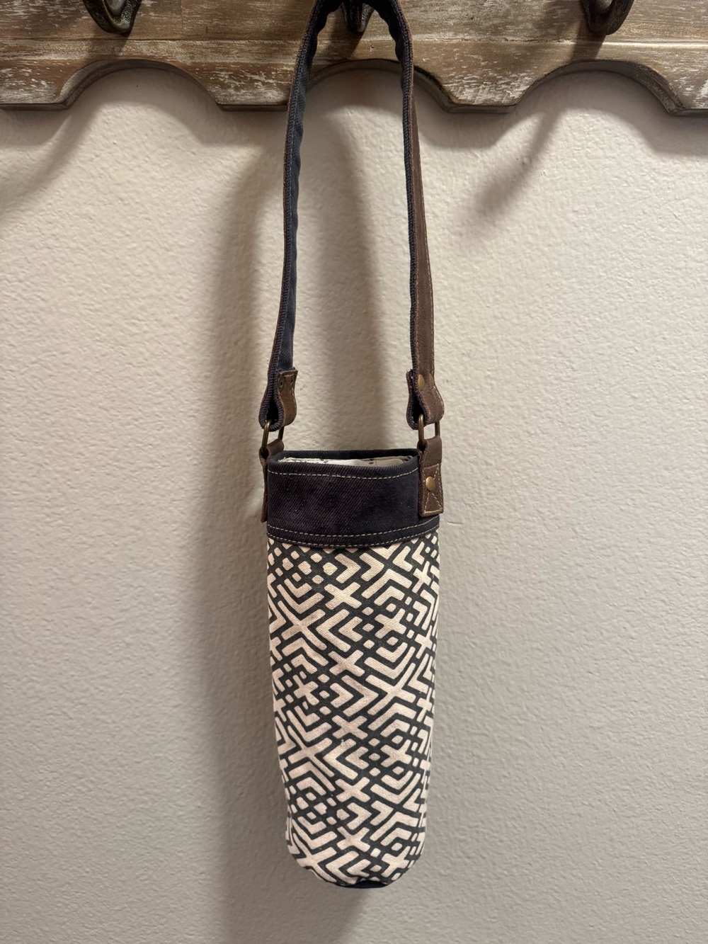 Myra Bag Gray Ivory Brown Canvas Denim Leather Graphic Wine Bottle Bag Holder